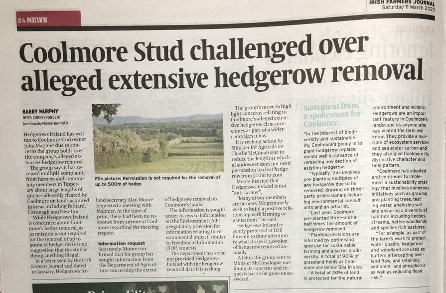 Paper clip of headline "Coolmore stud challenged over alleged hedgerow removal".