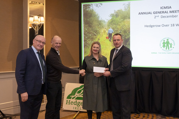 Eilis Gleeson receiving first prize at hedgrows Ireland photography competition.  Brendan Gleeson Secretary General of the Department of Agriculture on Left,  Alan Moore Secretary Hedgerows Ireland, Michael O'Brien and Denis Drennan, President of the ICMSA